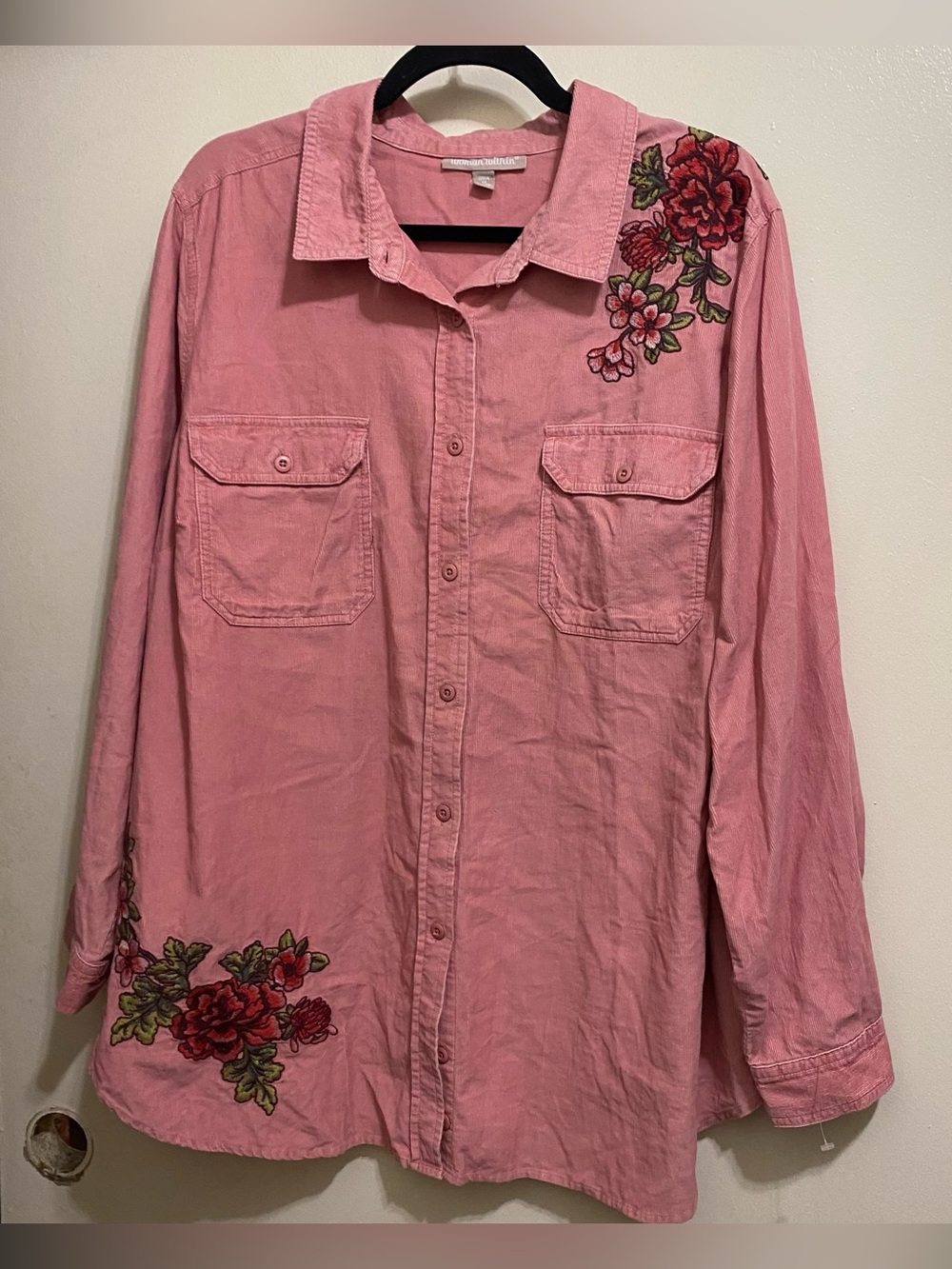 Woman Within 22 24 1X Pink Corduroy Button Down Shirt Embroidered Roses Western